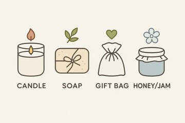 Engaging flat design illustration showcasing candle, soap, gift bag, and honey jar as essential elements in self care, gifting, and wellness rituals infused with tranquility and simplicity