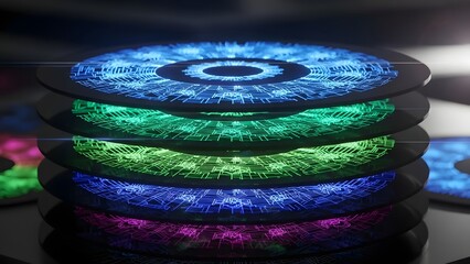 Stacked glowing discs with intricate circuit patterns illuminated in vibrant neon colors