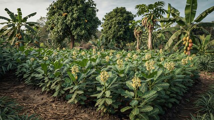 Fototapeta premium Green crop field with fruit trees in tropical farm landscape 