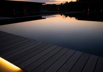 Tranquil evening waterscape with reflected sunset and wooden pier
