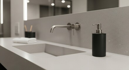 Contemporary bathroom vanity with stone countertop and chrome faucet