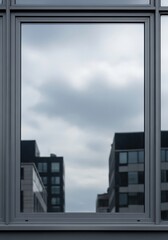 Urban reflection modern buildings mirrored within a window frame