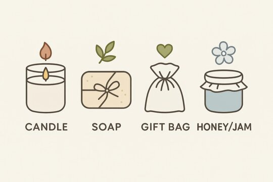 Engaging flat design illustration showcasing candle, soap, gift bag, and honey jar as essential elements in self care, gifting, and wellness rituals infused with tranquility and simplicity