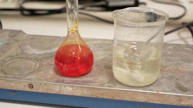 4K Laboratory Footage of Chemical Solutions Mixing in Flasks on Magnetic Stirrer
