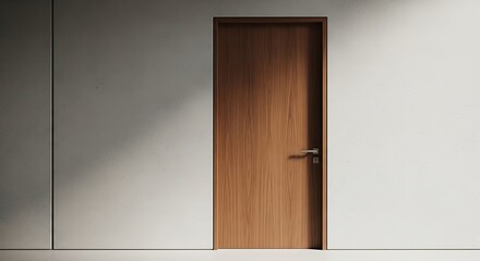 Wooden door in a modern minimalist interior, textured wall and soft light