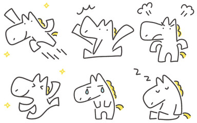 色々な表情と感情・ポーズの白馬キャラクターのセット　元気・踊る・驚く・怒る・寝る・泣く