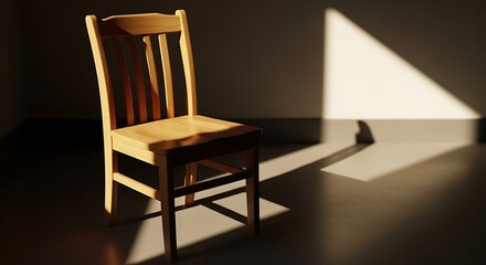 Wooden chair bathed in sunlight stands in minimalist interior space