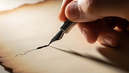 Writing instrument draws a line of ink on aged parchment background