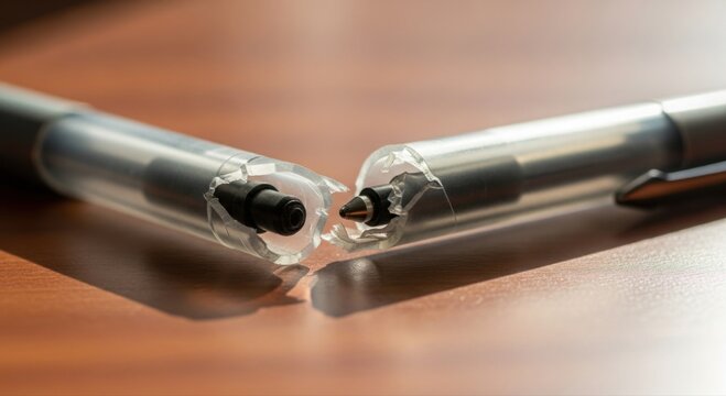 Two broken pens on a wooden surface writing instruments