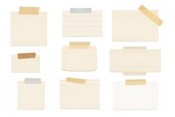 Collection of vintage paper notes with adhesive tape, old memo stickers, scrapbook elements on transparent background