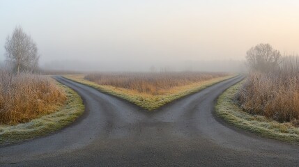Fototapeta premium Crossroads. A conceptual fork in the road, symbolizing the choice between two paths. Happiness Guide, coaching materials, life choices—specifically designed for coaching guidance and self-improvement 