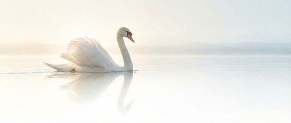 White swan swimming on a foggy lake at dawn, reflecting on the tranquil water surface. Serenity in nature, Cloud dancer color 2026. Banner with copy space