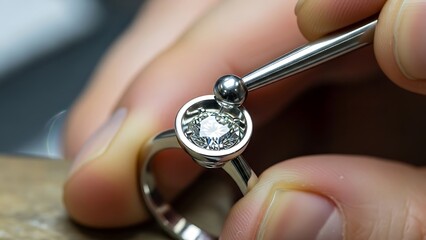 Jeweler sets a diamond on a ring in a workshop, meticulous craftsmanship