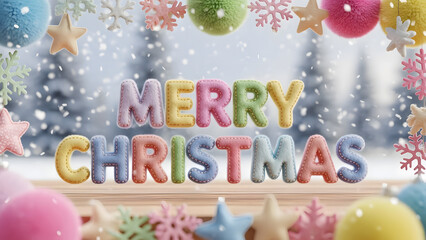 Naklejka premium Festive Merry Christmas Display with Colorful Plush Letters and Snowflakes