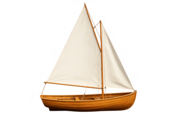 Wooden sail boat with white sails, a small classic yacht for leisure sailing and water transport on transparent background