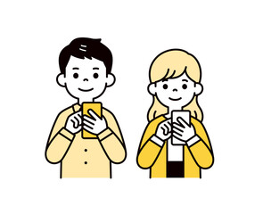 笑顔でスマートフォンを操作する、20代・30代の男性と女性の上半身ベクターイラスト素材セット
