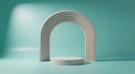 Minimalistic scene of podium with arches on pastel turquoise backdrop