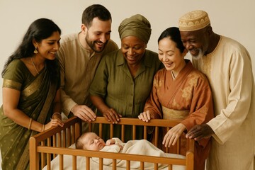 Multicultural family gathering, diverse heritage, celebrating new life with loving smiles around crib, showcasing unity, warmth, and familial joy in an intimate setting