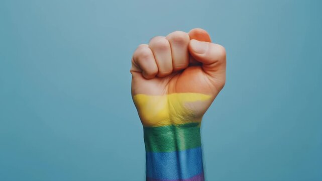 LGBTQ+ pride and empowerment rainbow painted fist raises up, celebrating diversity, equality, and a vibrant, inclusive community fighting for rights