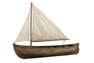 Vintage wooden sailboat sailing, old classic vessel with white canvas sail, isolated on transparent background