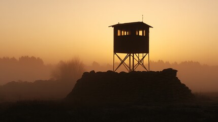 Lookout Tower. The solitary silhouette of the lookout tower in the morning mist, a telescope mounted atop its peak. Ideal for real estate advertising and architectural portfolios, specifically designe
