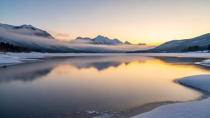 Serene winter landscape with majestic snow-capped mountains reflecting in a tranquil lake during a beautiful sunrise, creating a breathtaking and peaceful nature scene