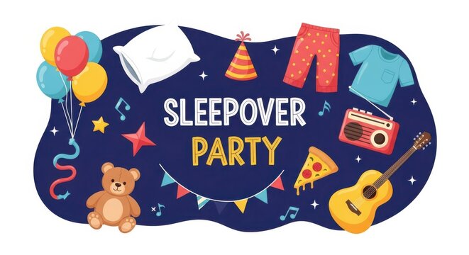Sleepover party illustration with pillow, guitar, pizza, teddy bear, balloons isolated on white background