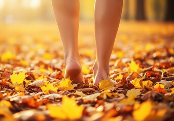Barefoot woman walking on a path covered with bright yellow and orange autumn fall leaves