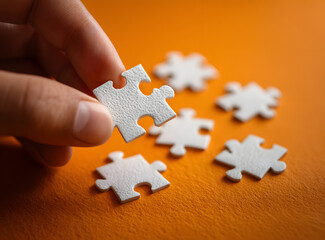 A hand carefully places the final piece into a white jigsaw puzzle set against a bright orange backdrop. Detached puzzle pieces suggest the puzzle is near completion, symbolizing problem-solving and