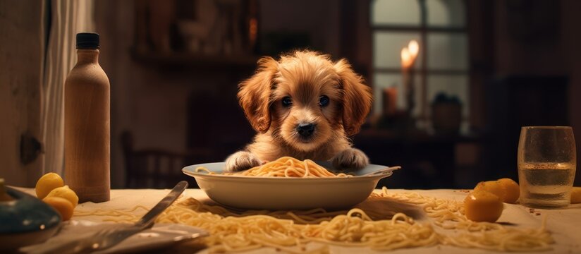 Adorable puppy enjoying a bowl of pasta on a wooden table, cozy scene.