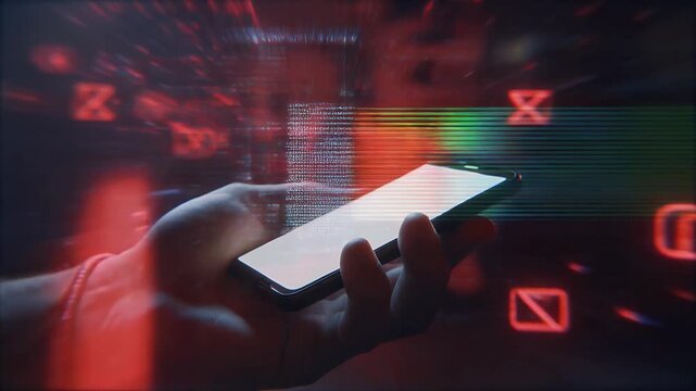 Urgent mobile security alert as hand holds phone with glowing emails, data breach worries and digital threats, cybersecurity danger