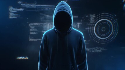 Anonymous hacker coding cyber attack in dark digital space with glowing interface elements creates suspense and intrigue for tech thriller scenes