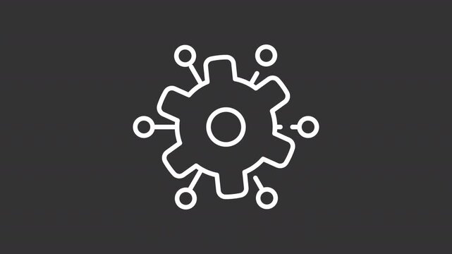Big data setup ui icon white line animation. Gear with circ uit board connections. AI in digital information analytics animated user interface element on dark background. Transparent HD video