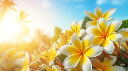 Obraz premium Vibrant Yellow Plumeria Flowers Blooming Under a Bright Sunny Sky, Tropical Paradise.
