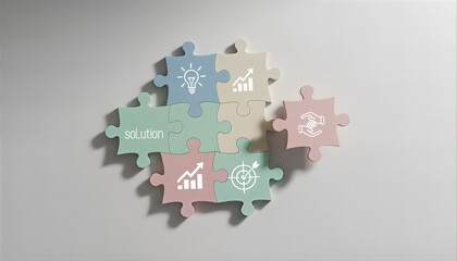 Jigsaw puzzle pieces with business icons representing a strategic solution and growth.