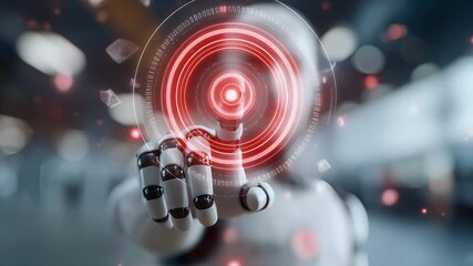 Futuristic robot interacts with glowing digital interface, touching holographic screen in cutting edge technology, advanced AI, and robotic engineering video clip