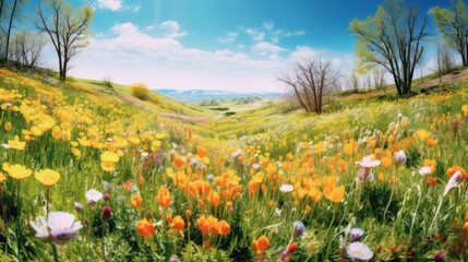 Obraz premium Vibrant Spring Meadow Bursting with Colorful Wildflowers Under a Blue Sky.