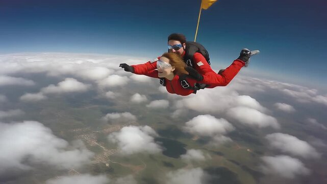 Experience the thrill of skydiving over fluffy clouds with a professional tandem jump, a captivating adventure and unforgettable freefall excitement