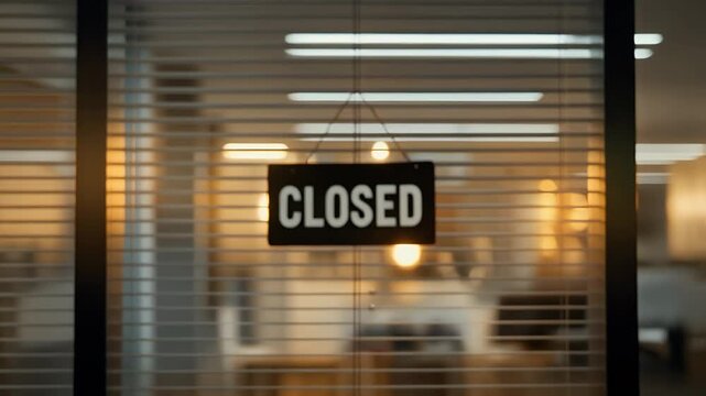 Business closed sign swinging gently in store window, signifying temporary shutdown or end of day, creating a sense of anticipation or closure