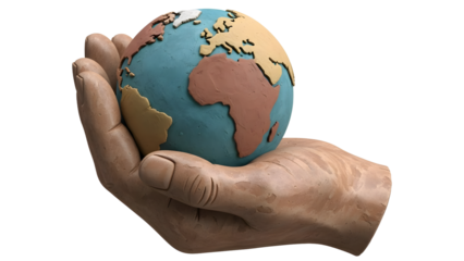 Hand holding small globe model representing Earth, symbolizing global care and environmental protection, perfect for sustainability themes