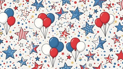 Patriotic seamless pattern featuring red, white, and blue stars, balloons, and confetti. ideal for american holidays and festive designs.