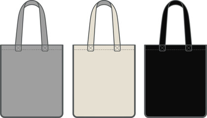 Three tote bags in grey beige and black on a white background shopping bag reusable bag