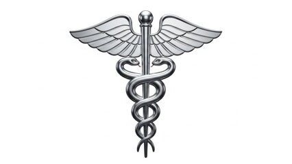 Silver caduceus symbol with wings representing medicine and commerce