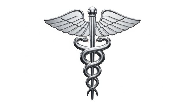 Silver caduceus symbol with wings representing medicine and commerce