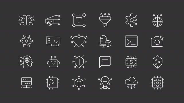 AI services ui icons white line animation set. Machine learning integration. Processes automation. Digital technology integration animated user interface elements isolated on dark background. HD video
