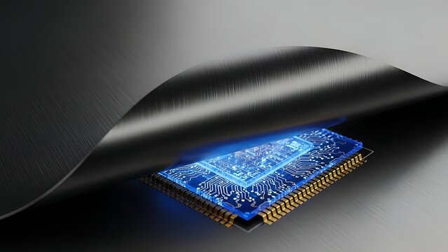Futuristic microchip glowing with digital light on a dark, metallic background.