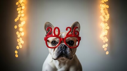 French Bulldog wearing 2026 novelty glasses for New Year celebration.
