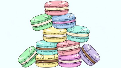 Vibrant Macaron Pile Illustration A charming stack of pastel-colored French confectionery, perfect for sweet treat promotions and artisanal dessert design concepts