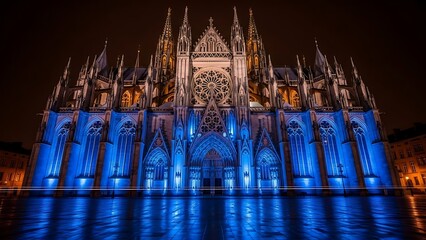 Majestic Gothic Cathedral Illuminated in Blue Light at Night