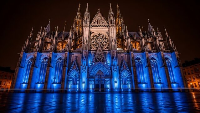 Majestic Gothic Cathedral Illuminated in Blue Light at Night